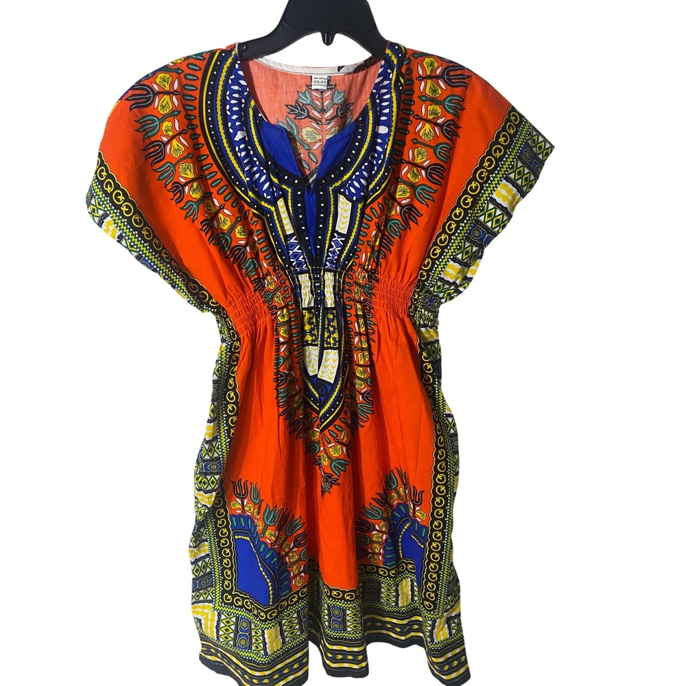 Dashiki Print Cotton Tunic Dress SM Orange Blue Smocked Waist Boho African Style
